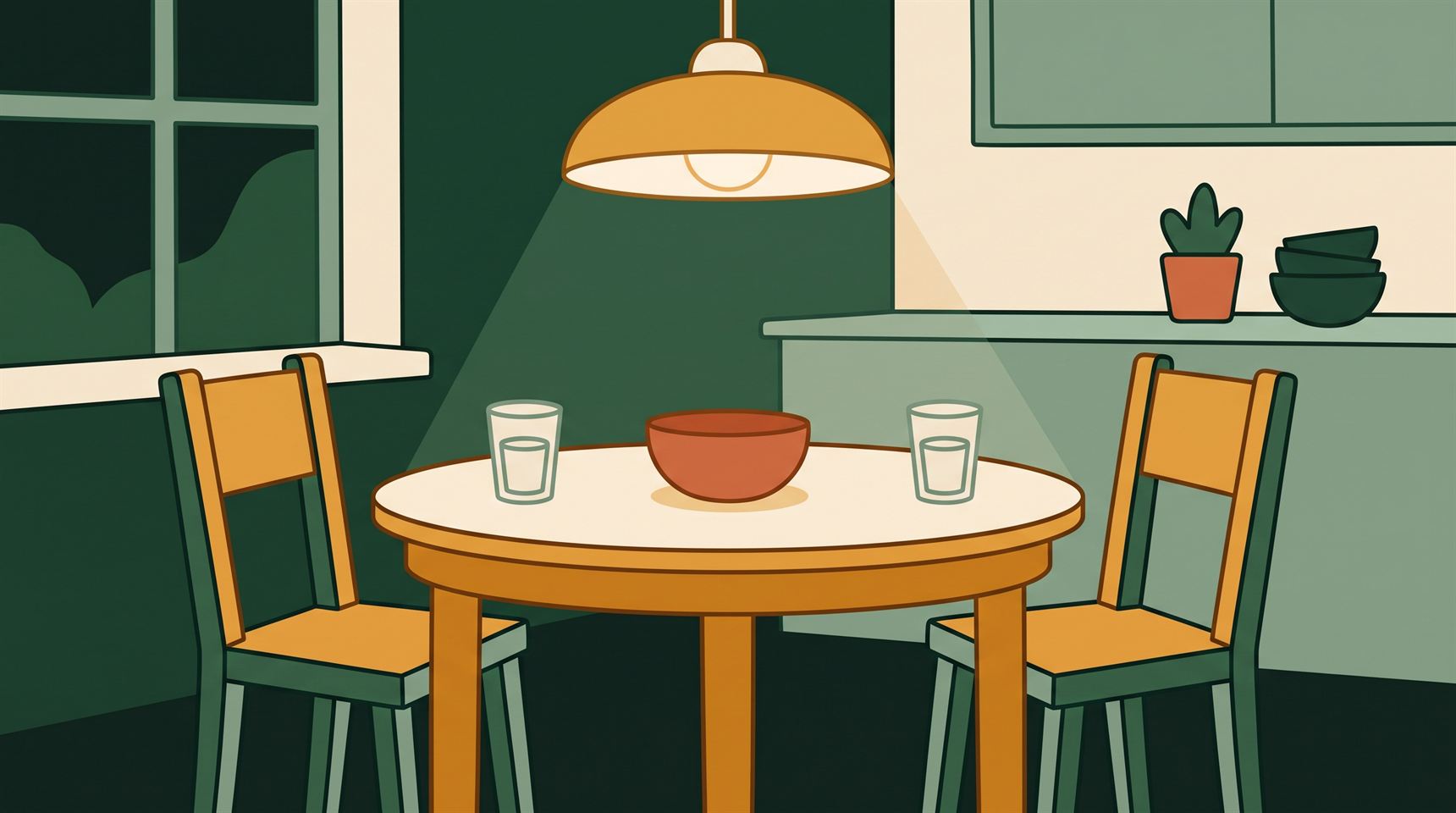 Illustration: a family kitchen table in the evening, two chairs, nobody there yet