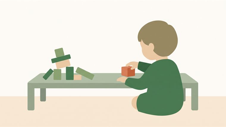 Illustration: a child at a table turning away from a toppled tower of blocks to place the first block of a new one
