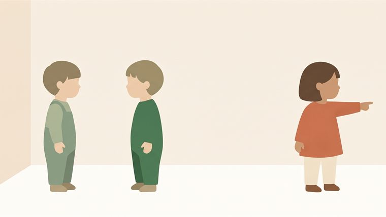 Illustration: two children squared up facing each other while a third points somewhere neither is looking