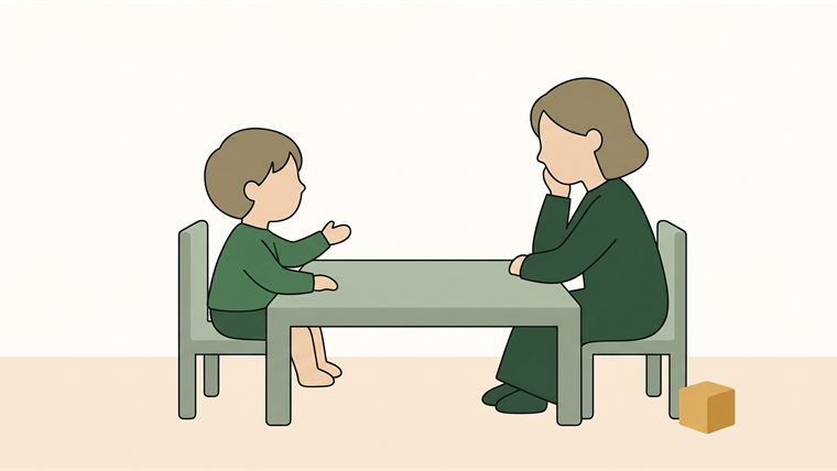 Illustration: a child leaning forward to explain something to an adult seated across a small table