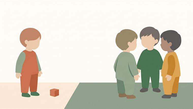 Illustration: a child standing apart from a group of three, on the edge of saying something