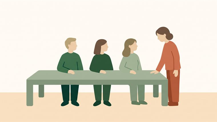 Illustration: adults around a meeting table, one standing with a hand on the table, pausing