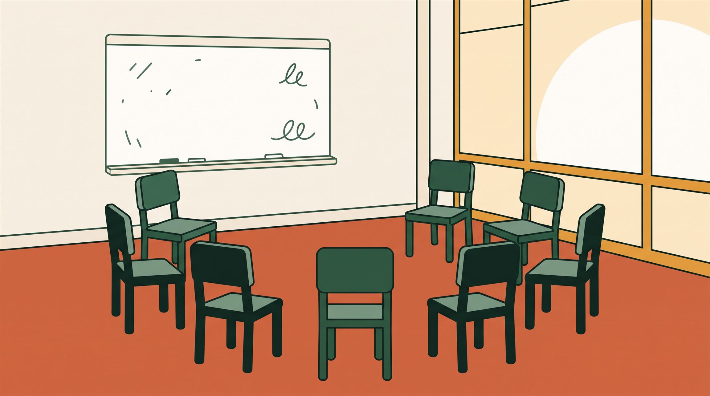 Illustration: an empty room set up for a session, a circle of chairs facing a whiteboard