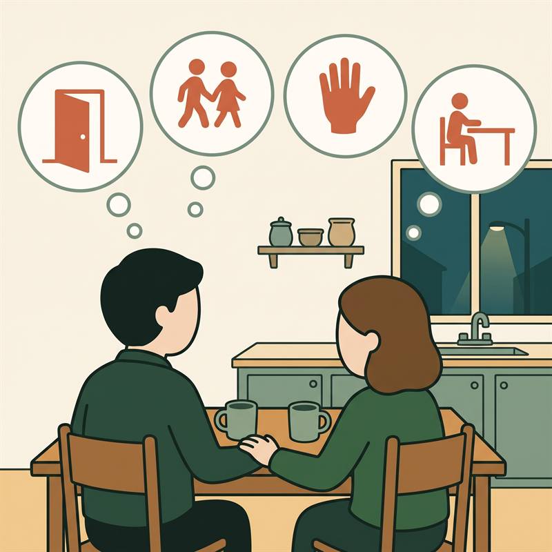 Illustration: two parents sitting together at a kitchen table in the evening, four thought bubbles above them showing an open door, two figures walking together, a raised hand, and someone sitting alone at a table