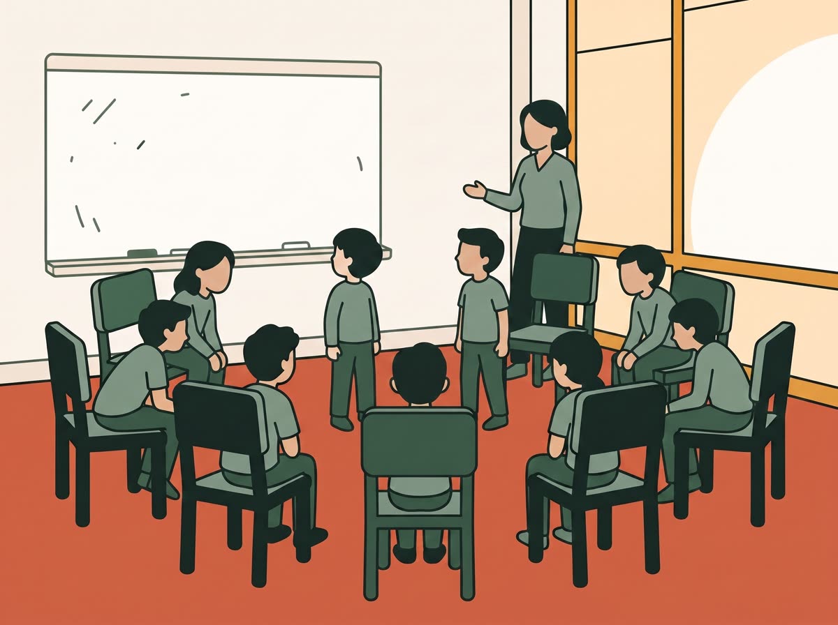 Illustration: a facilitator standing beside a whiteboard while a circle of children watch