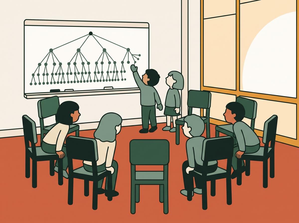 Illustration: two children at a whiteboard adding branches to a spreading diagram of options while the group watches from the circle