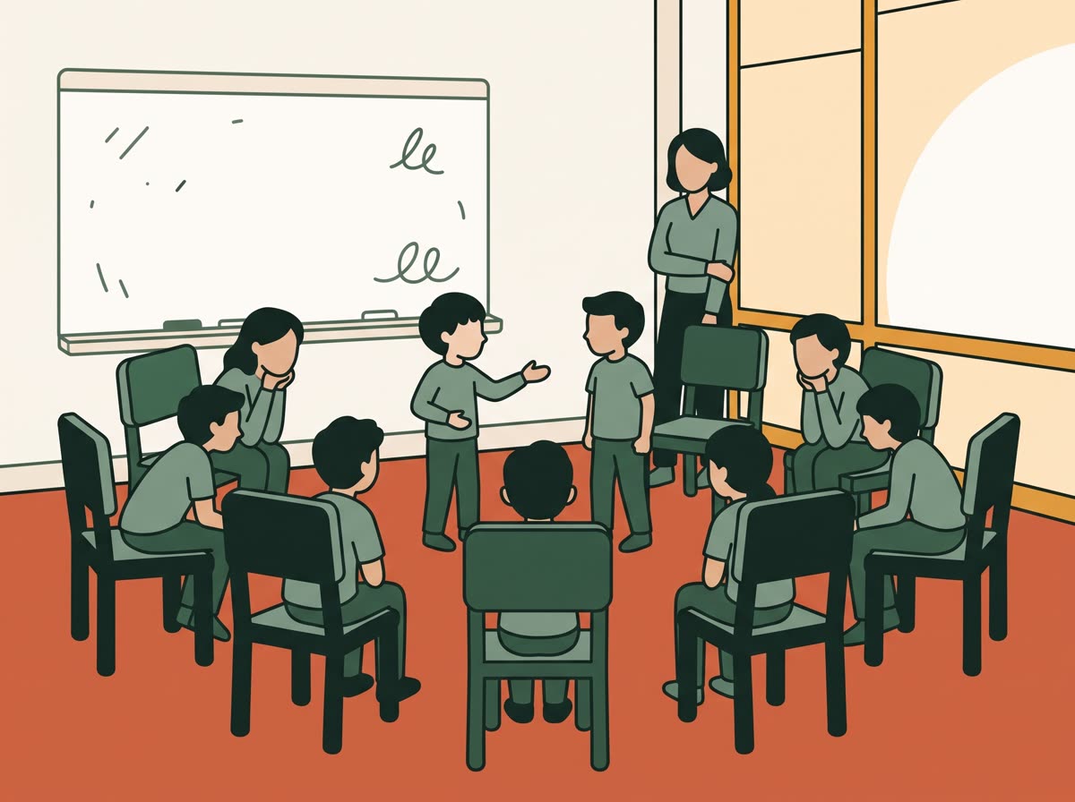 Illustration: two children standing in the middle of the circle acting out a response while the group watches