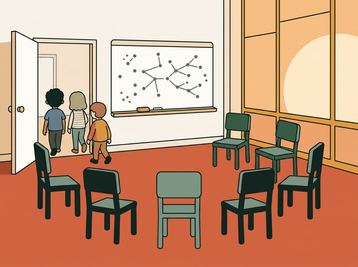 Illustration: the session over, chairs empty and three children walking out through the open door, the options diagram still on the board